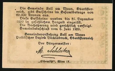 Notgeld Zell am Moos 1920, 20 Heller, Gebäudeansicht und Text mit Unterschrift des Bürgermeisters