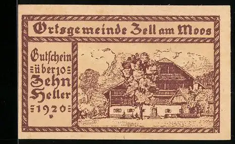 Notgeld Zell am Moos 1920, 10 Heller, Landschaft mit Gebäuden, Seriennummer 51920