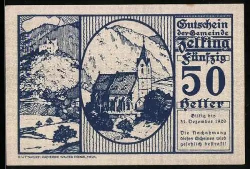 Notgeld Zelking 1920, 50 Heller, Kirche und Landschaftsmotiv