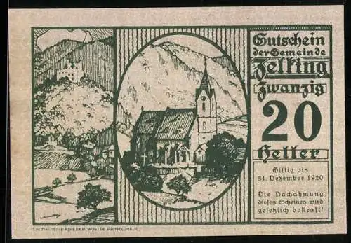 Notgeld Zelking 1920, 20 Heller, Kirche und Landschaftsmotiv