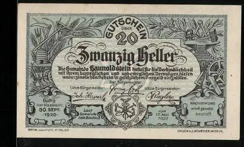 Notgeld Haunoldstein 1920, 20 Heller, Schlossansicht und dekorative Ornamente