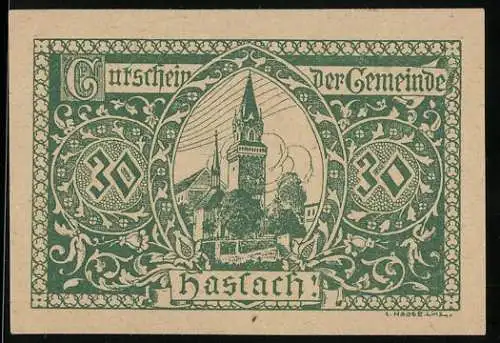 Notgeld Haslach 1920, 30 Heller, Kirchturm und verzierte Muster