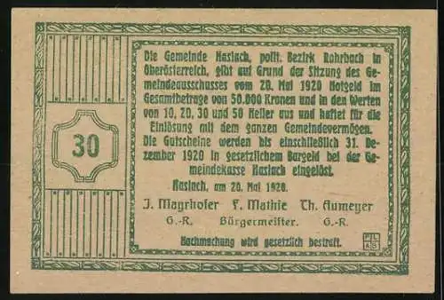 Notgeld Haslach 1920, 30 Heller, Kirchturm und verzierte Muster