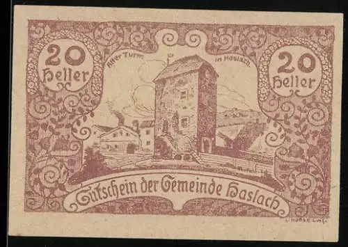 Notgeld Haslach 1920, 20 Heller, Alter Turm und Text zur Einlösung