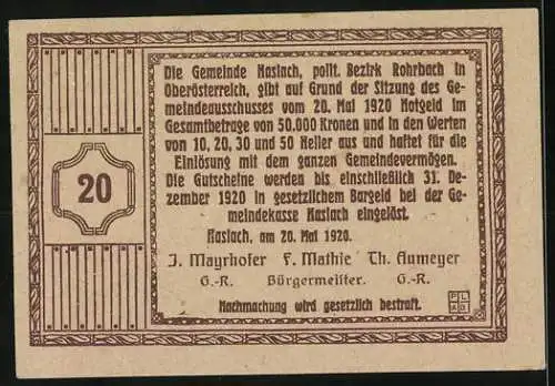 Notgeld Haslach 1920, 20 Heller, Alter Turm und Text zur Einlösung