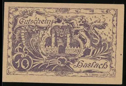 Notgeld Haslach 1920, 10 Heller, Burg mit Drache und Ornamenten