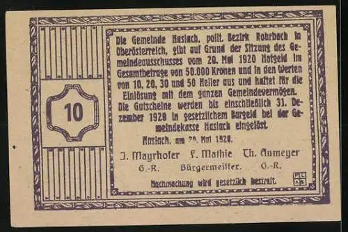 Notgeld Haslach 1920, 10 Heller, Burg mit Drache und Ornamenten