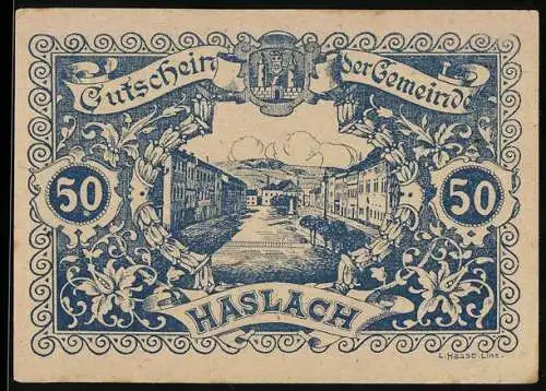 Notgeld Haslach 1920, 50 Heller, Stadtansicht mit Wappen und Ornamenten