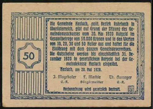 Notgeld Haslach 1920, 50 Heller, Stadtansicht mit Wappen und Ornamenten