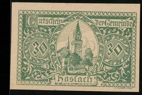 Notgeld Haslach 1920, 30 Heller, Kirche und dekoratives Muster