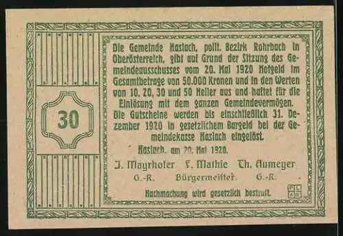 Notgeld Haslach 1920, 30 Heller, Kirche und dekoratives Muster