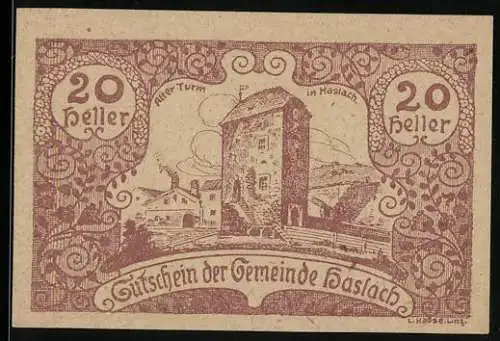 Notgeld Haslach 1920, 20 Heller, Alter Turm, lila Druck, Gemeindeausschuss-Vermerk