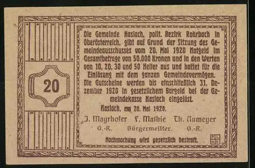 Notgeld Haslach 1920, 20 Heller, Alter Turm, lila Druck, Gemeindeausschuss-Vermerk