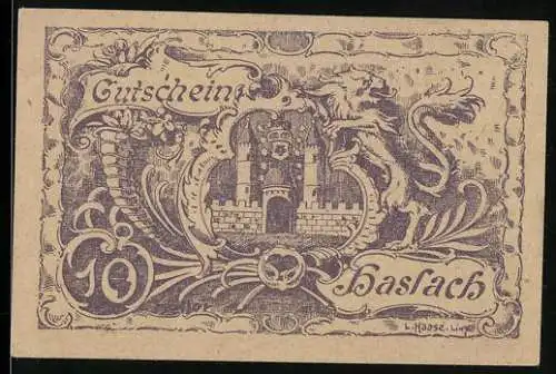 Notgeld Haslach 1920, 10 Heller, Löwe und Burgmotiv