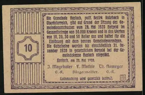 Notgeld Haslach 1920, 10 Heller, Löwe und Burgmotiv