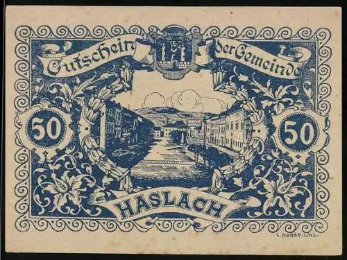 Notgeld Haslach 1920, 50 Heller, Stadtansicht mit Wappen und floralen Mustern