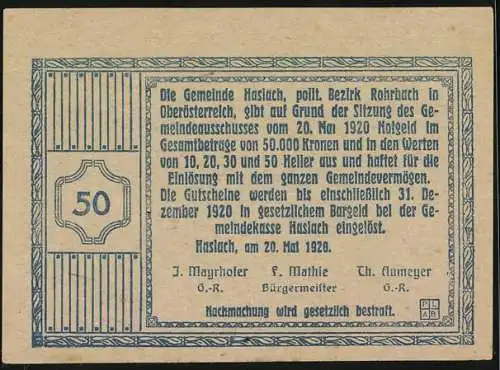 Notgeld Haslach 1920, 50 Heller, Stadtansicht mit Wappen und floralen Mustern