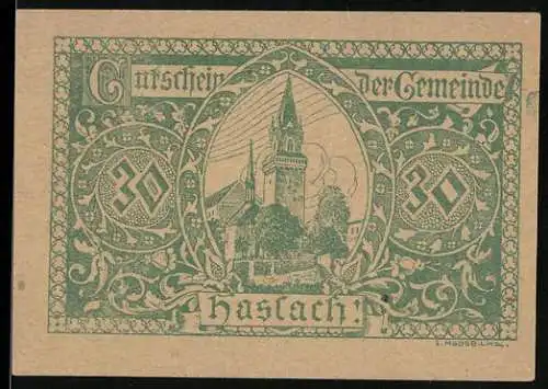 Notgeld Haslach 1920, 30 Heller, Kirche und dekorative Ornamente