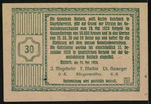 Notgeld Haslach 1920, 30 Heller, Kirche und dekorative Ornamente