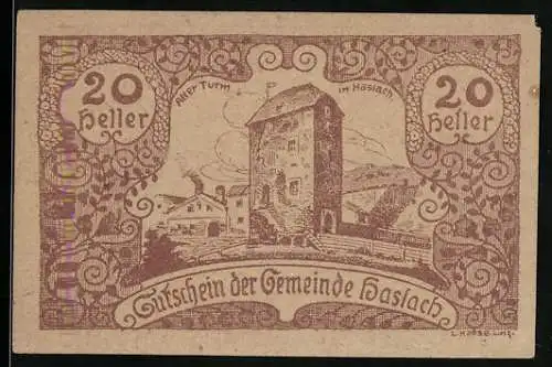 Notgeld Haslach 1920, 20 Heller, Alter Turm und ländliche Szene