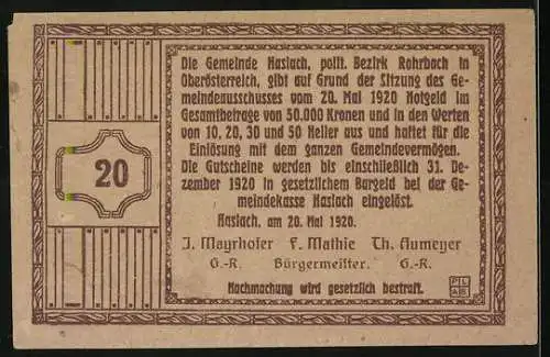 Notgeld Haslach 1920, 20 Heller, Alter Turm und ländliche Szene