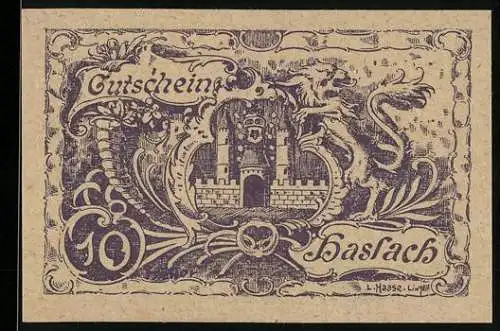 Notgeld Haslach 1920, 10 Heller, Burg mit Löwe und floralen Verzierungen