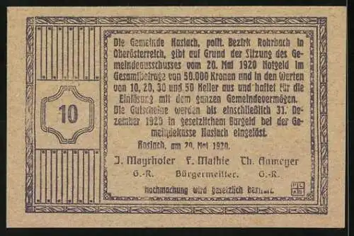 Notgeld Haslach 1920, 10 Heller, Burg mit Löwe und floralen Verzierungen