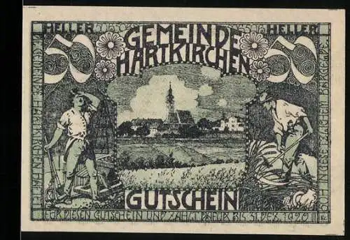 Notgeld Hartkirchen 1920, 50 Heller, Landschaft mit Kirche und Bauern bei der Feldarbeit