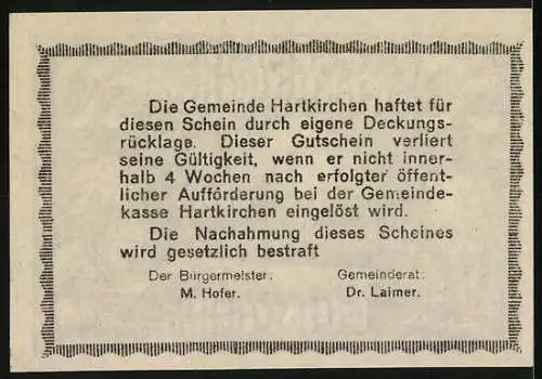 Notgeld Hartkirchen 1920, 50 Heller, Landschaft mit Kirche und Bauern bei der Feldarbeit