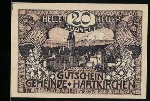 Notgeld Hartkirchen 1920, 20 Heller, Schlossruine mit floralen Mustern