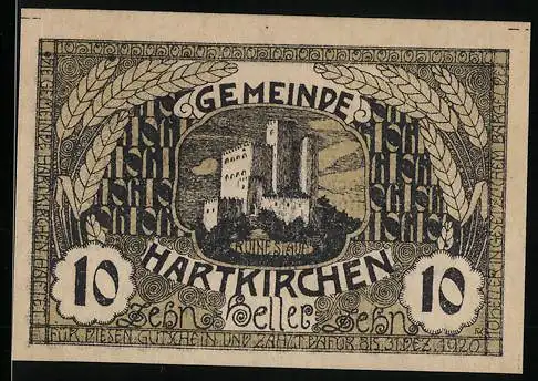 Notgeld Hartkirchen 1920, 10 Heller, Burgruine, Ornamentrahmen