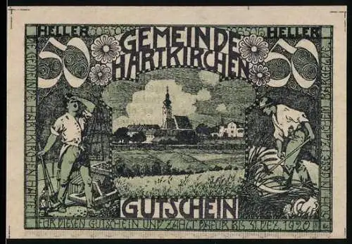 Notgeld Hartkirchen 1920, 50 Heller, ländliche Szene mit Bauern und Kirche im Hintergrund