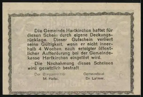 Notgeld Hartkirchen 1920, 50 Heller, ländliche Szene mit Bauern und Kirche im Hintergrund