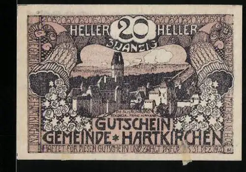 Notgeld Hartkirchen 1921, 20 Heller, Stadtansicht mit Burg und Rosenornamenten