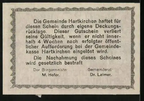 Notgeld Hartkirchen 1921, 20 Heller, Stadtansicht mit Burg und Rosenornamenten