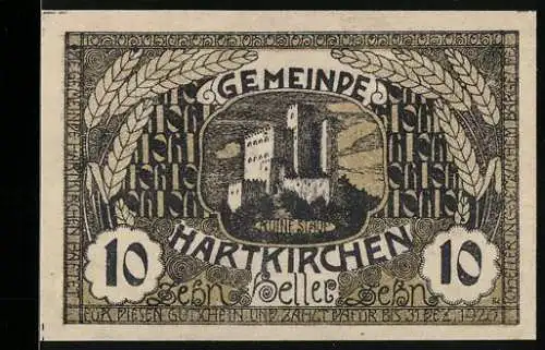 Notgeld Hartkirchen 1920, 10 Heller, Burgmotiv und Getreideähren, Gültigkeitshinweis auf Rückseite