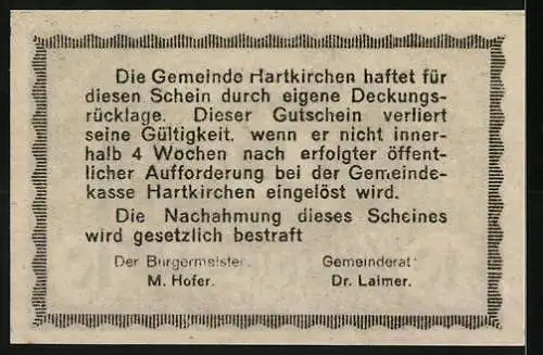 Notgeld Hartkirchen 1920, 10 Heller, Burgmotiv und Getreideähren, Gültigkeitshinweis auf Rückseite