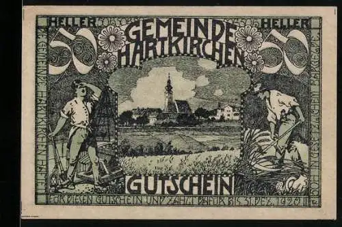 Notgeld Hartkirchen 1920, 50 Heller, Dorfansicht mit Landwirten und Blumenornamenten