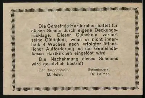 Notgeld Hartkirchen 1920, 50 Heller, Dorfansicht mit Landwirten und Blumenornamenten