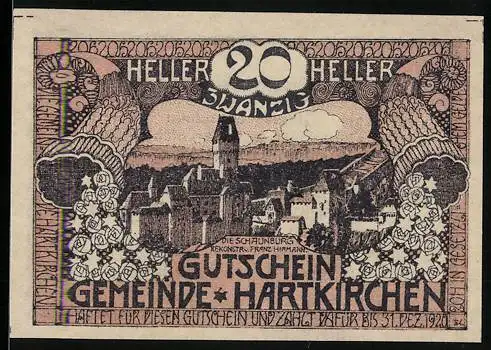 Notgeld Hartkirchen 1920, 20 Heller, Darstellung von Schaunburg und Landschaft