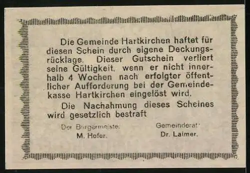 Notgeld Hartkirchen 1920, 20 Heller, Darstellung von Schaunburg und Landschaft