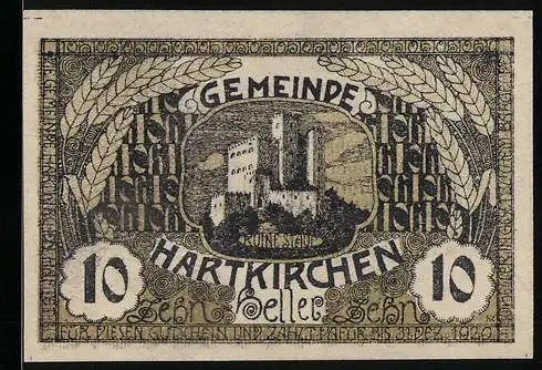 Notgeld Hartkirchen 1920, 10 Heller, Burgmotiv mit Getreidekranz und Text auf Rückseite