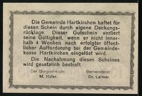 Notgeld Hartkirchen 1920, 10 Heller, Burgmotiv mit Getreidekranz und Text auf Rückseite