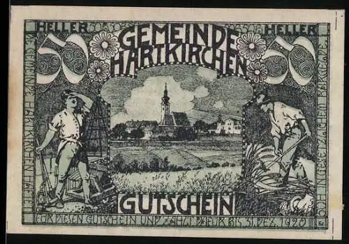 Notgeld Hartkirchen 1920, 50 Heller, Dorfansicht mit Bauern bei der Feldarbeit