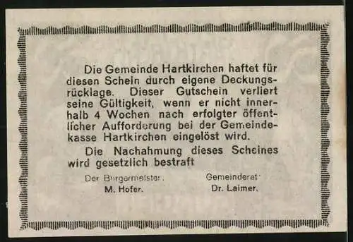 Notgeld Hartkirchen 1920, 50 Heller, Dorfansicht mit Bauern bei der Feldarbeit