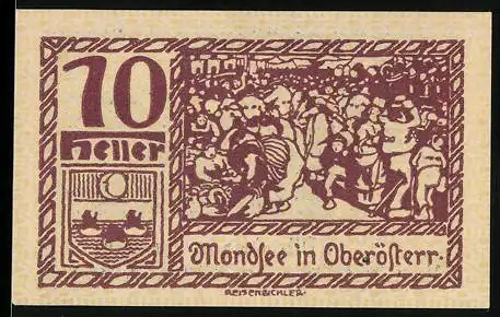 Notgeld Mondsee 1920, 70 Heller, Dorfszene und Baumkletterer-Motiv mit Wappen