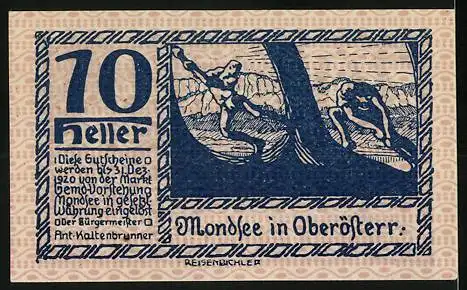 Notgeld Mondsee 1920, 70 Heller, Dorfszene und Baumkletterer-Motiv mit Wappen