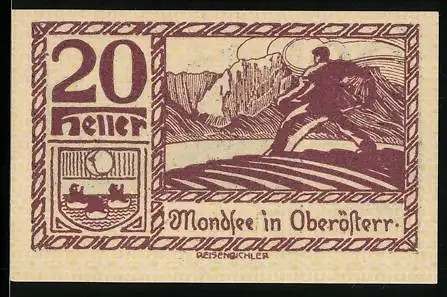 Notgeld Mondsee 1920, 20 Heller, Landschaft mit Bergsteiger und Pferdekutsche, Wappen enthalten