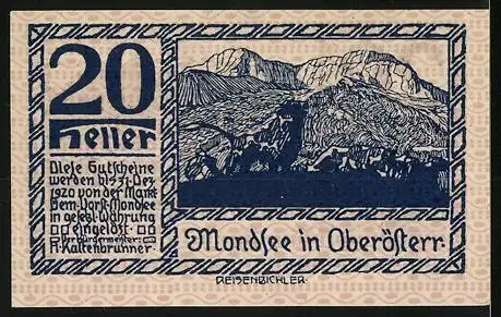 Notgeld Mondsee 1920, 20 Heller, Landschaft mit Bergsteiger und Pferdekutsche, Wappen enthalten