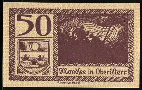 Notgeld Mondsee 1920, 50 Heller, Bootsmotiv & Landschaft mit Bergpanorama, Wappen, Seriennummer